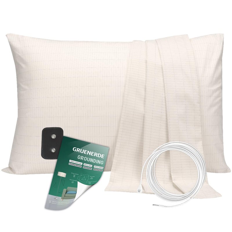 GRUENERDE Grounding Pillowcase with 15ft Grounding Cord Grounding at Home Conductive Grounding Pillow Cases for Better Sleep (Beige, 20x36in) - Image 1